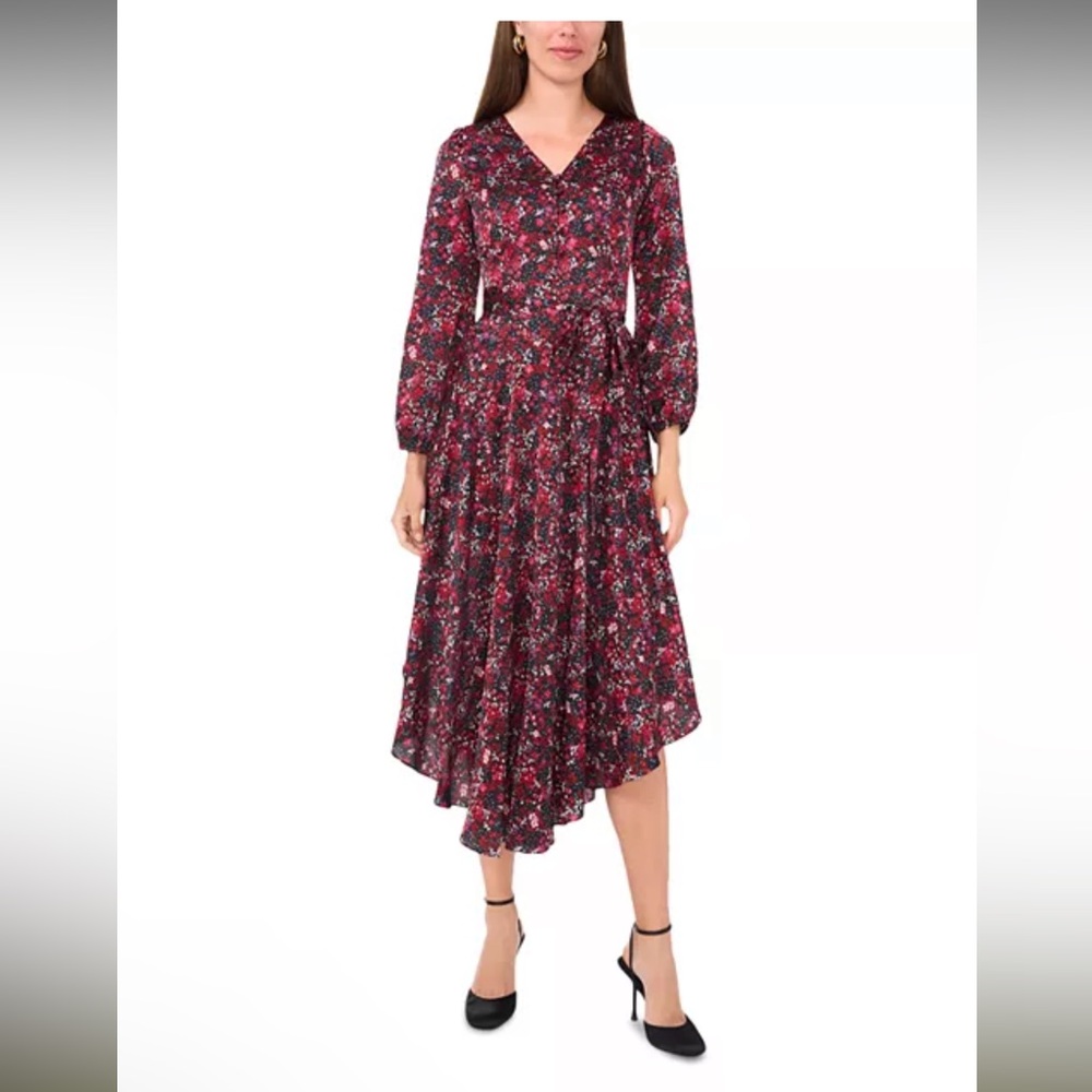 Vince Camuto Printed V Neck Tie Waist Maxi Dress